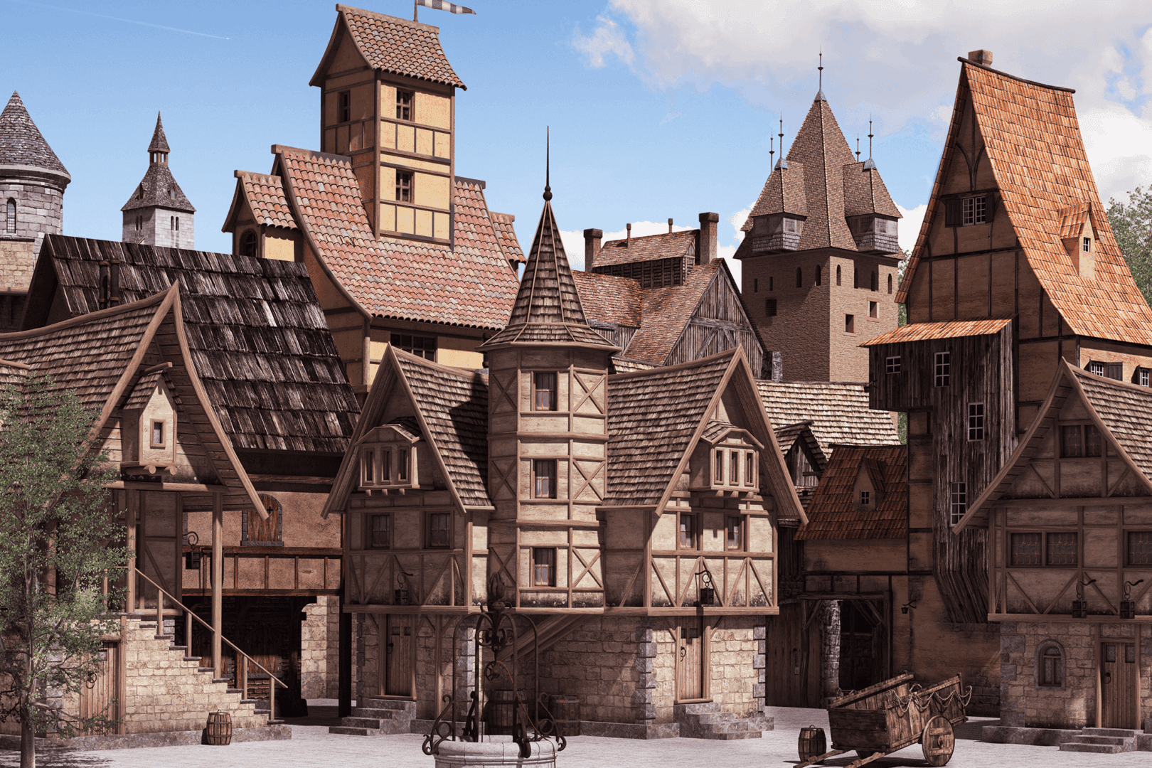 A medieval village scene with timber-framed houses, cobblestone streets, and a fountain. The buildings have varied roof types, and a clear sky is visible above.
