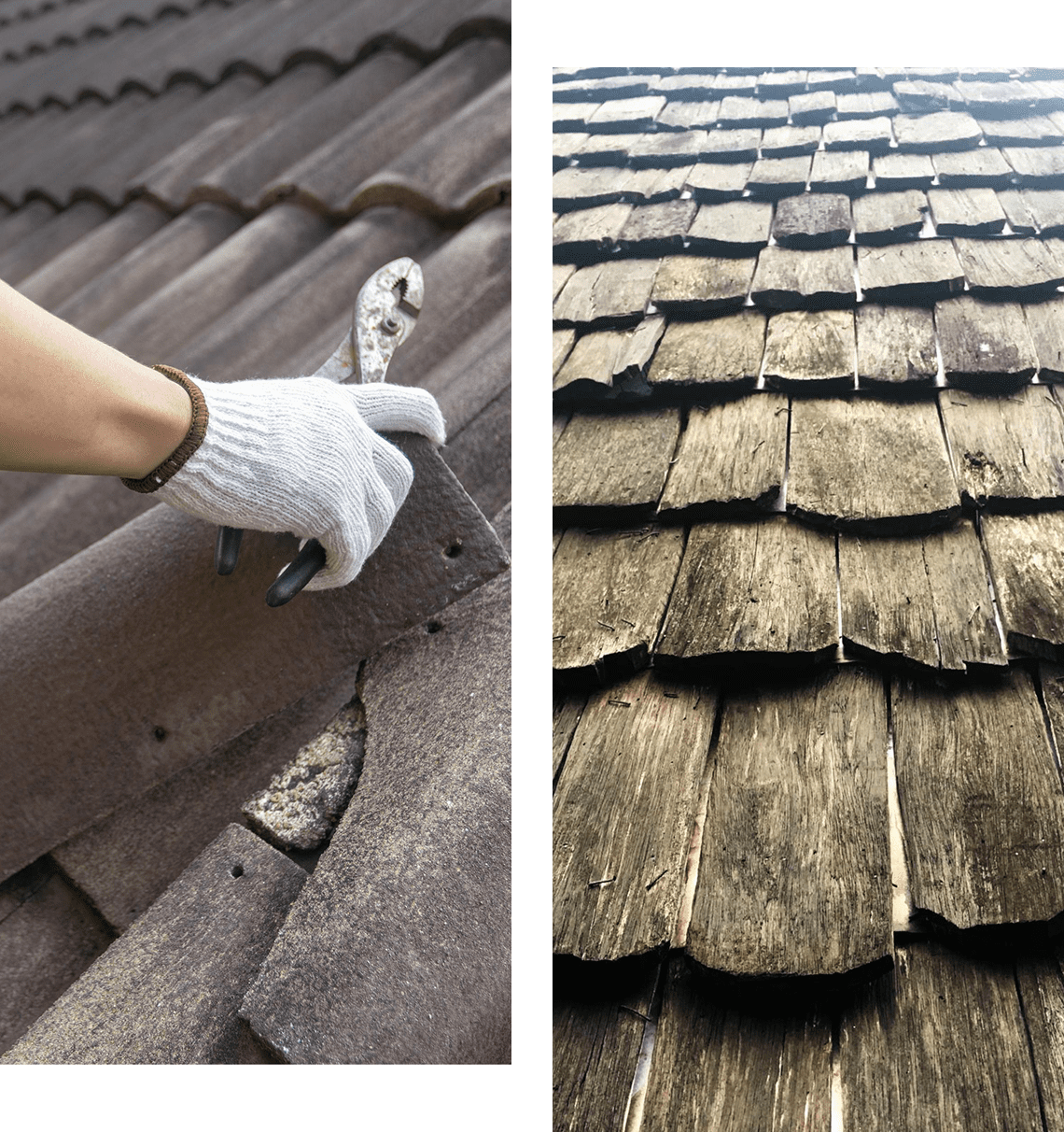 A hand in a glove uses a wrench on a brown metal roof with an adjacent view of a weathered wooden shingle roof.