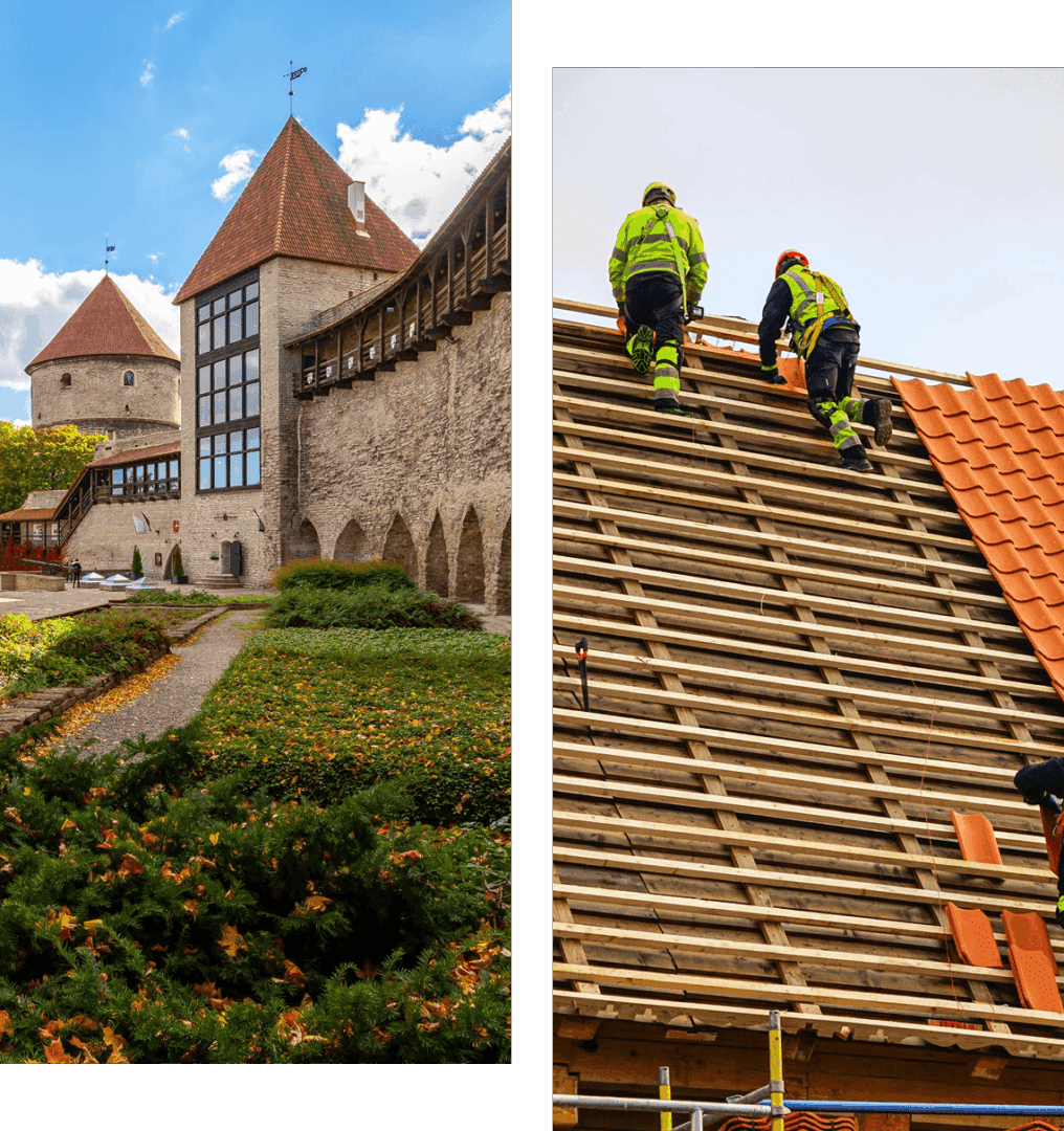 Left: Old stone castle with red-tiled roofs and sunny sky. Right: Two workers in safety gear installing red tiles on a roof.
